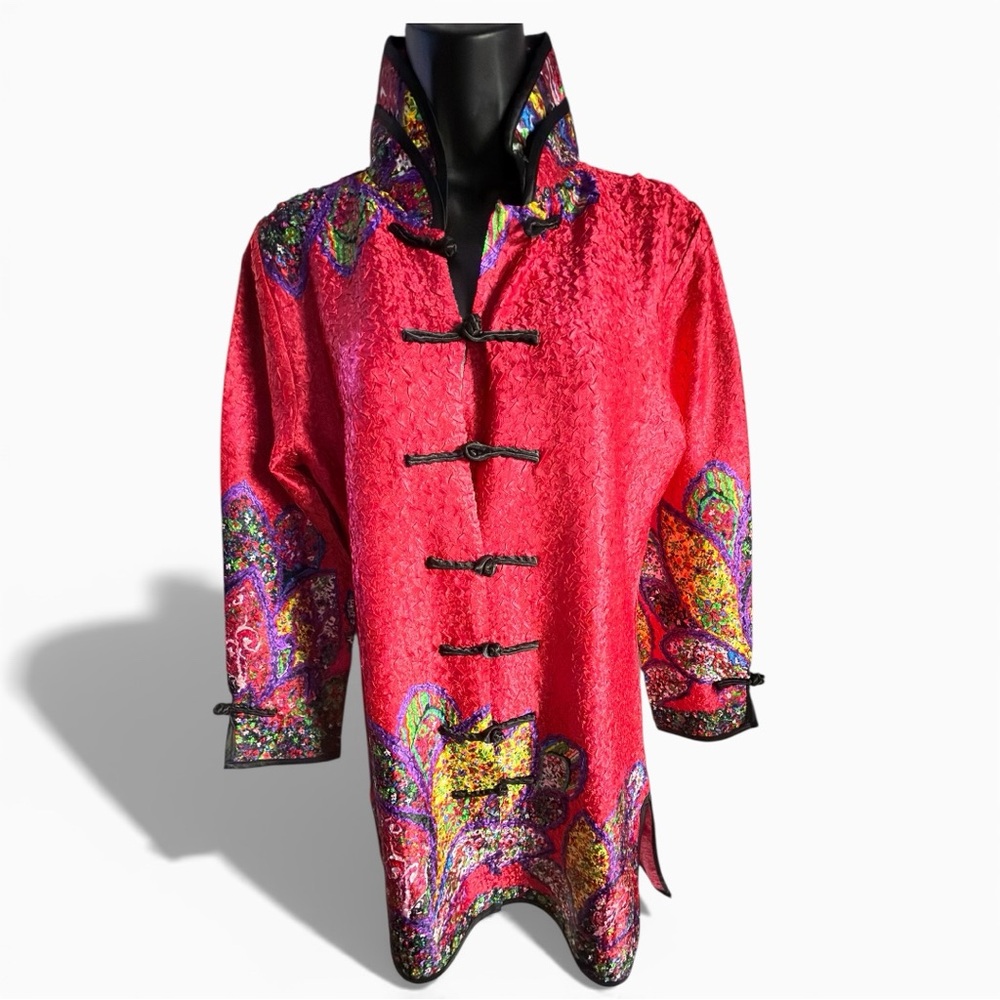 Vintage Red Asian Tunic Jacket Frog Button Mandarin Collar Floral NWOT
